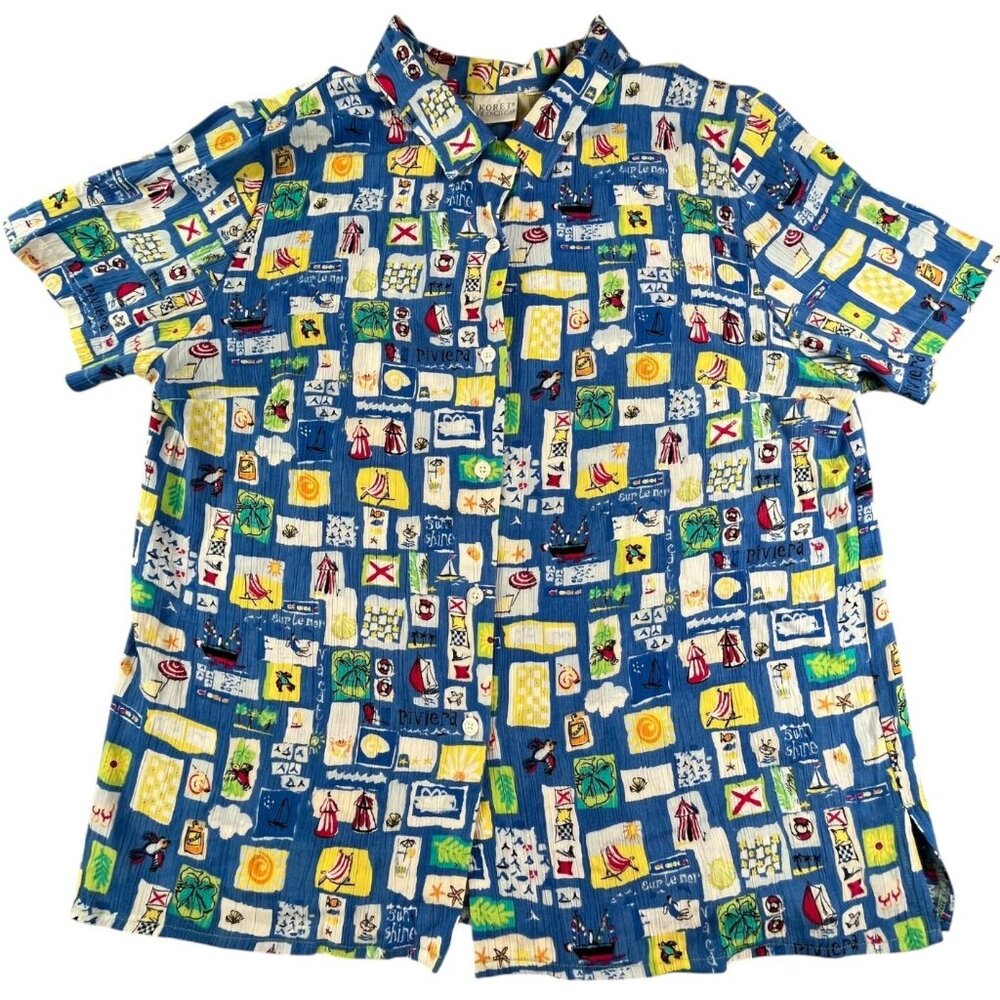Vintage Koret Francisca Shirt Men Large Riviera Travel Print Blue Seersucker 90s